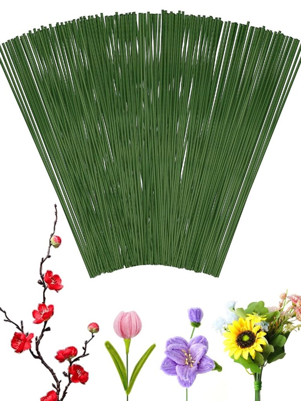 100 PCS 18 Gauge Green Floral Wire Stems for Artificial Flower Making,Flexible P